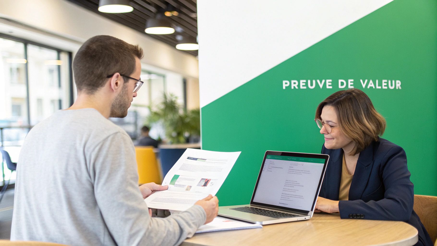 Un homme et une femme en réunion consultent des documents et un ordinateur portable.
