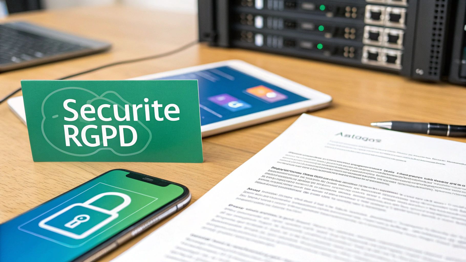 Bureau avec un panneau Sécurité RGPD, un smartphone sécurisé et de l'équipement informatique pour la protection des données.