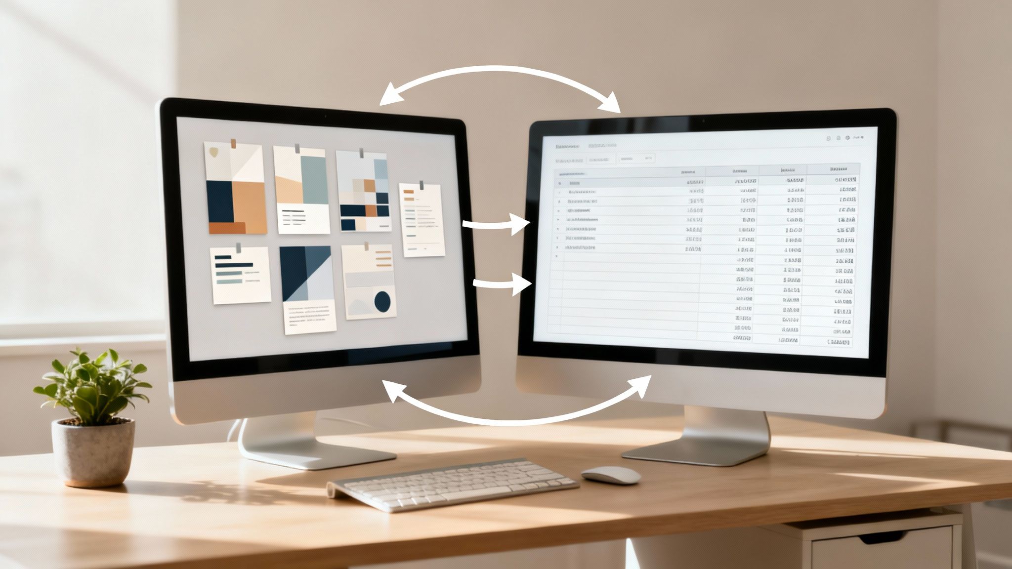 Deux moniteurs d'ordinateur sur un bureau, affichant des données et des designs, avec des flèches de synchronisation.