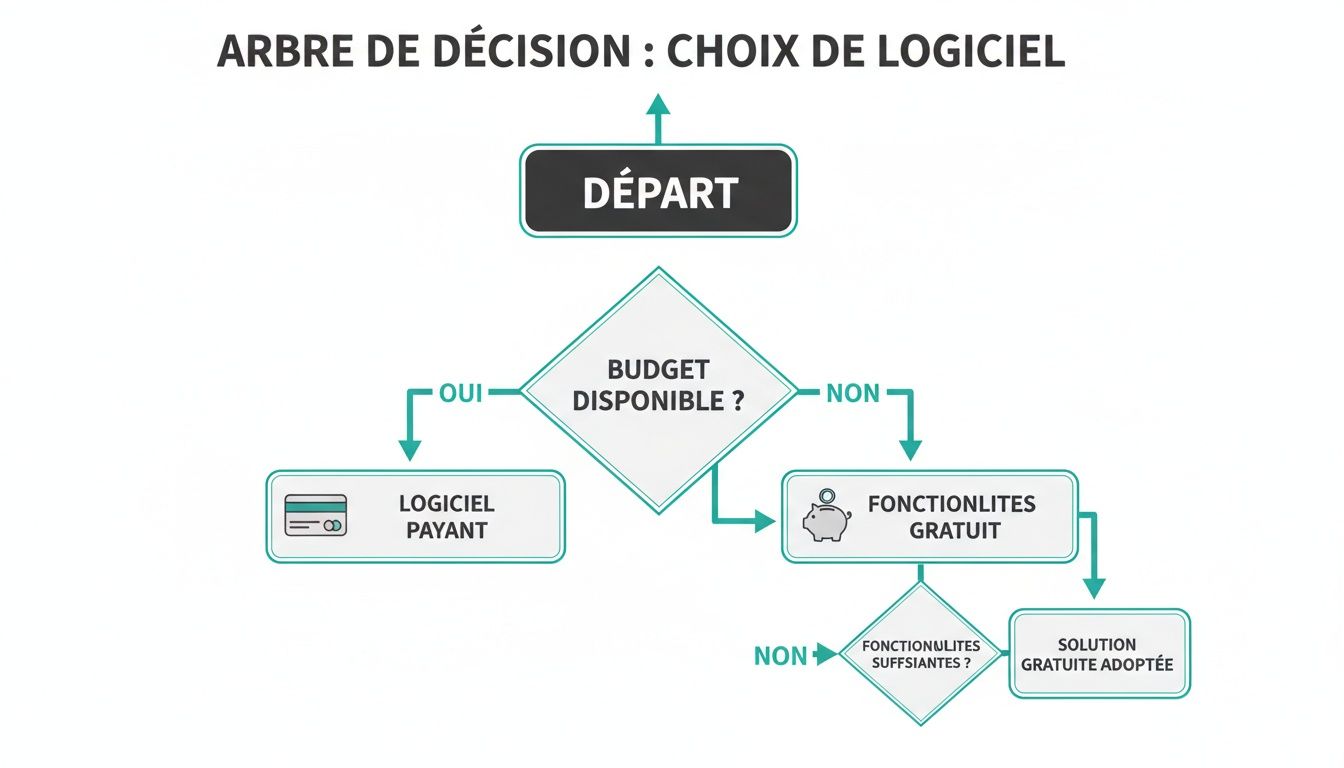 Arbre de décision montrant le processus de choix d'un logiciel, entre options payantes et gratuites selon le budget.