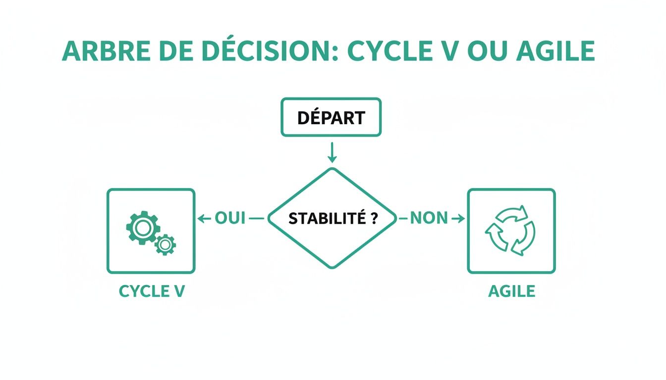 Diagramme d'arbre de décision illustrant le choix entre Cycle V et Agile selon la stabilité requise.
