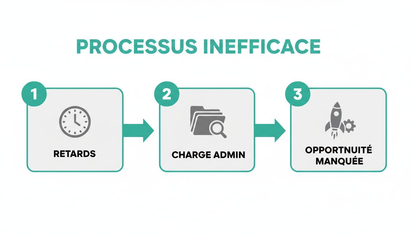 Diagramme illustrant un processus inefficace menant à des retards, une charge administrative et des opportunités manquées.