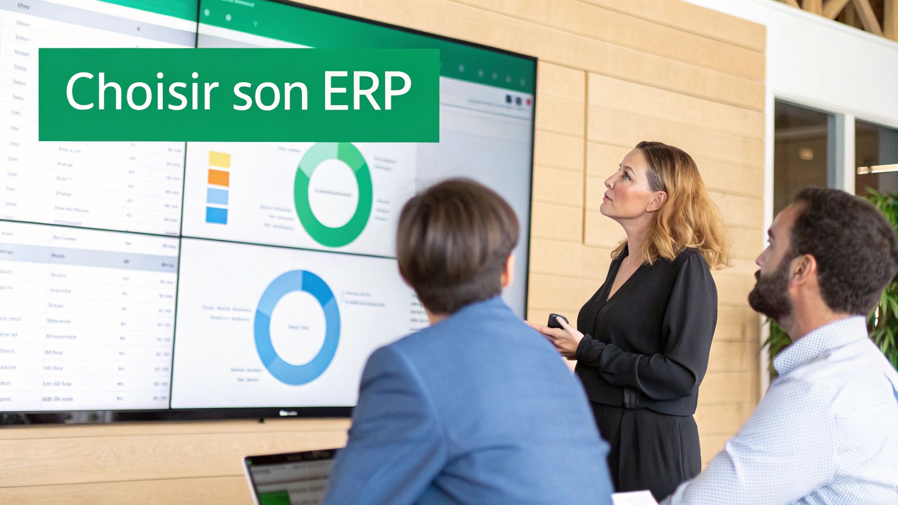 Une femme et deux hommes regardent un grand écran présentant des graphiques d'ERP lors d'une réunion.