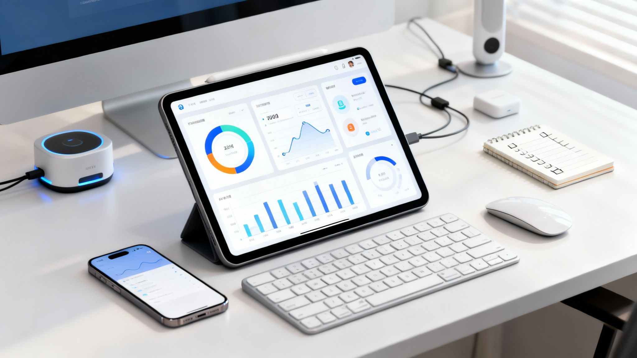 Un poste de travail contemporain avec un iPad présentant des tableaux de bord, un smartphone et d'autres appareils électroniques.