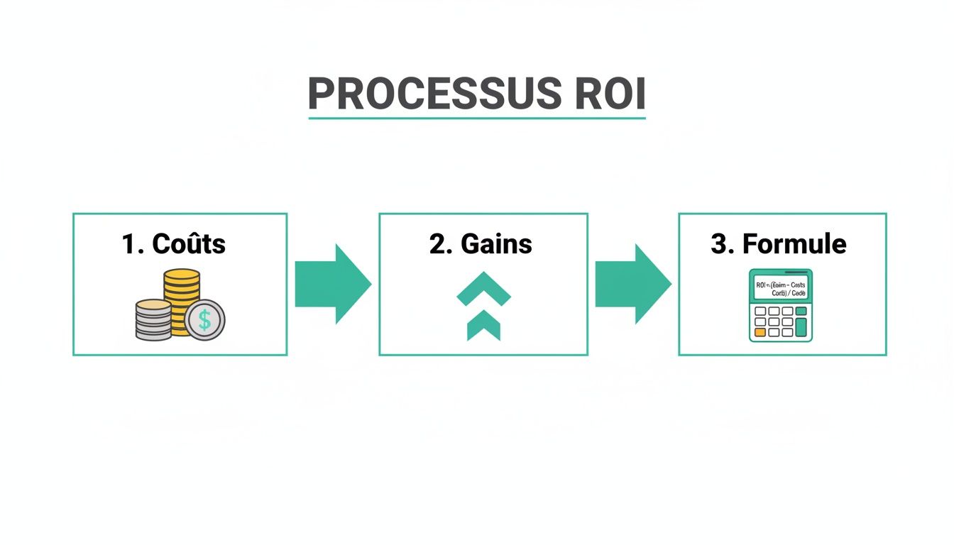 Illustration du processus de calcul du retour sur investissement (ROI) avec les étapes des coûts, des gains et de la formule.