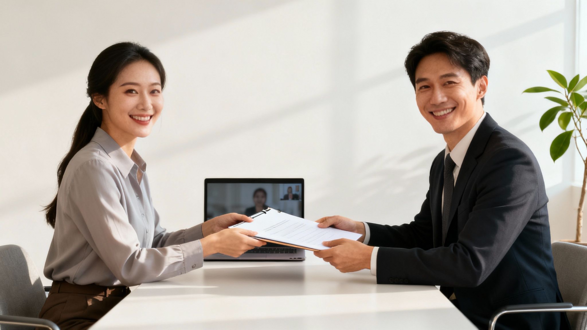 Deux professionnels souriants échangent des documents lors d'une réunion d'affaires, avec un appel vidéo en arrière-plan.