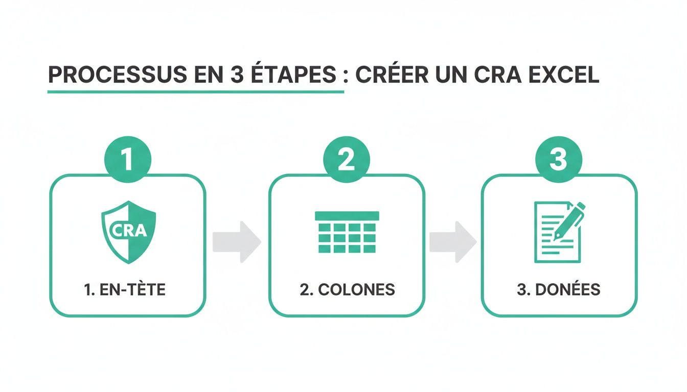 Illustration du processus en 3 étapes pour créer un compte rendu d'activité (CRA) Excel : en-tête, colonnes, données.