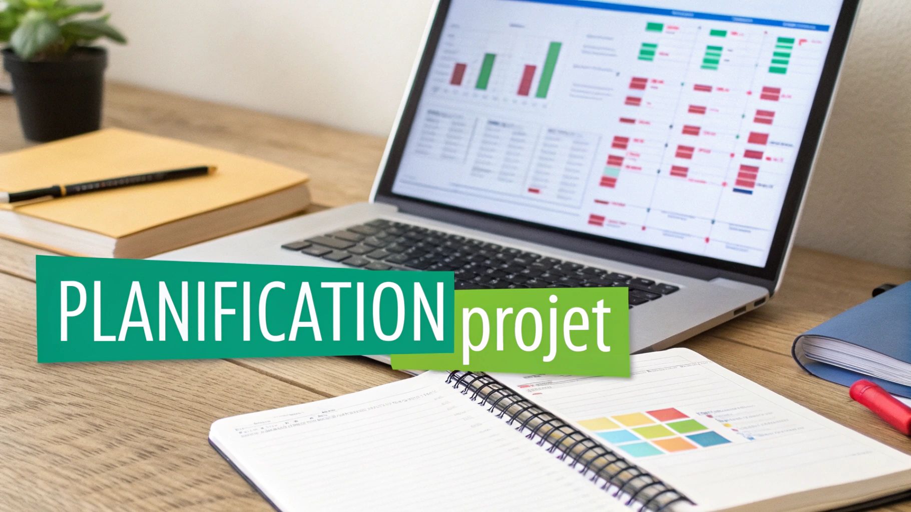 Un bureau avec un ordinateur portable affichant la planification de projet, un cahier et des fournitures.