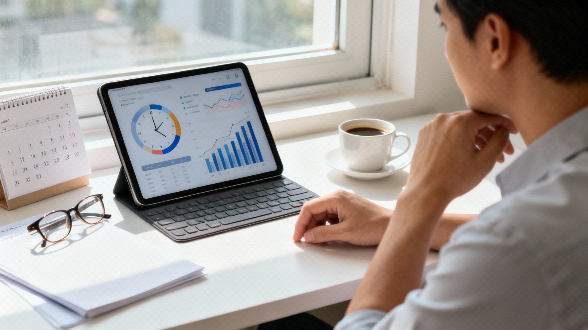 Un homme regarde des graphiques financiers sur une tablette à côté d'une tasse de café, un calendrier et des lunettes sur un bureau ensoleillé.