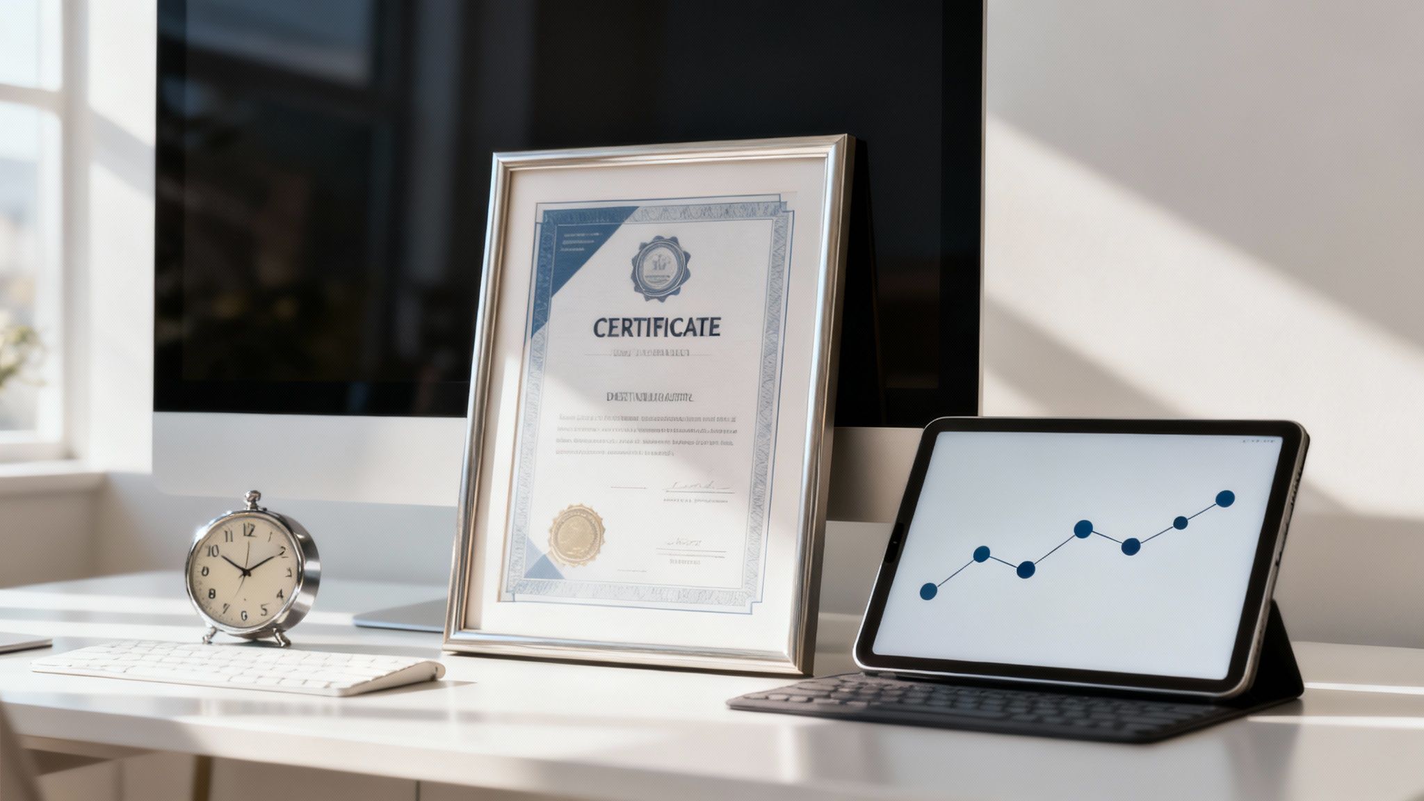 Un bureau moderne avec un écran d'ordinateur, un certificat encadré, une tablette affichant un graphique de croissance, une horloge et un clavier.