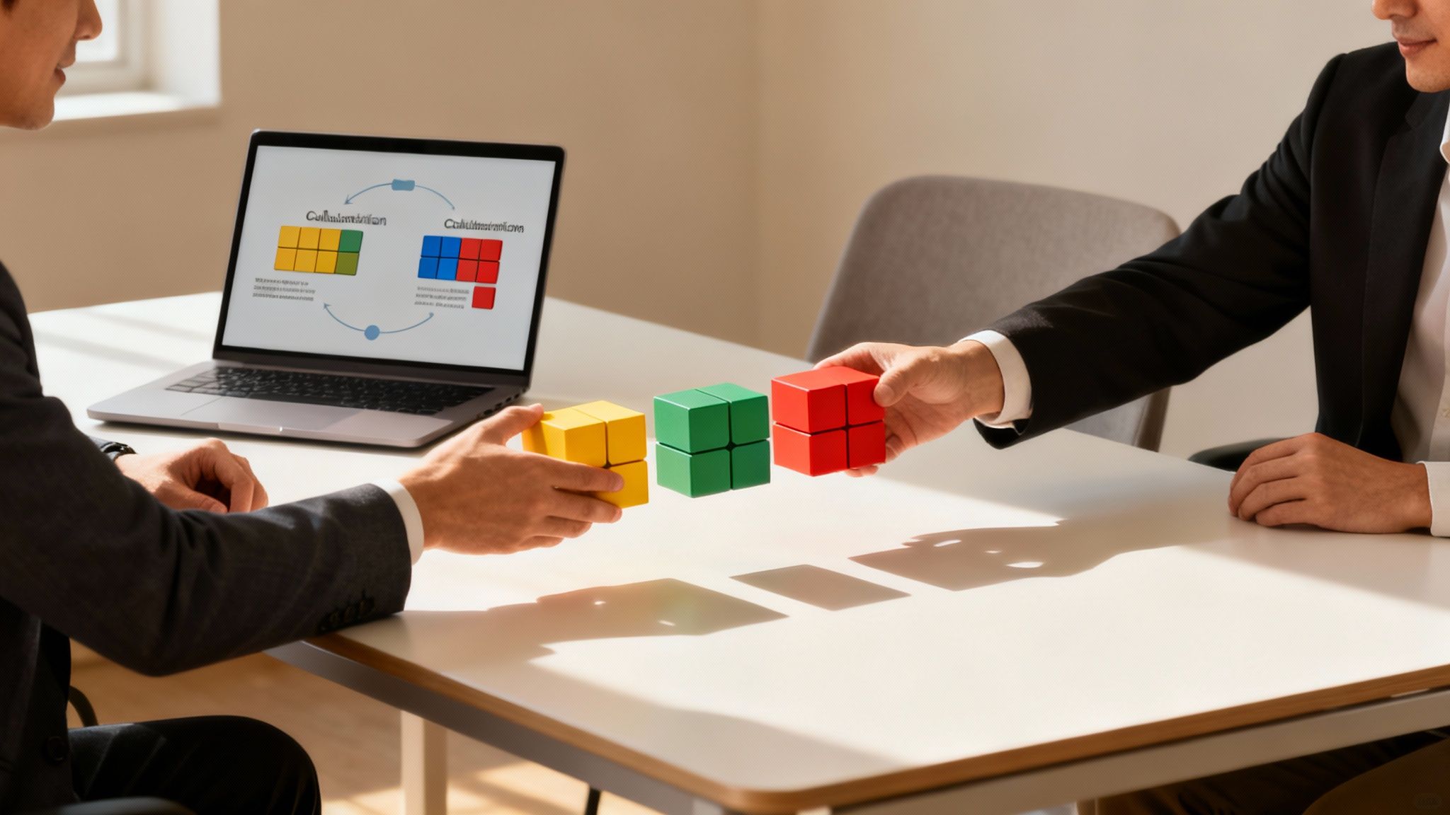 Deux hommes d'affaires échangent des blocs de couleurs sur une table, avec un ordinateur portable affichant des diagrammes de collaboration.