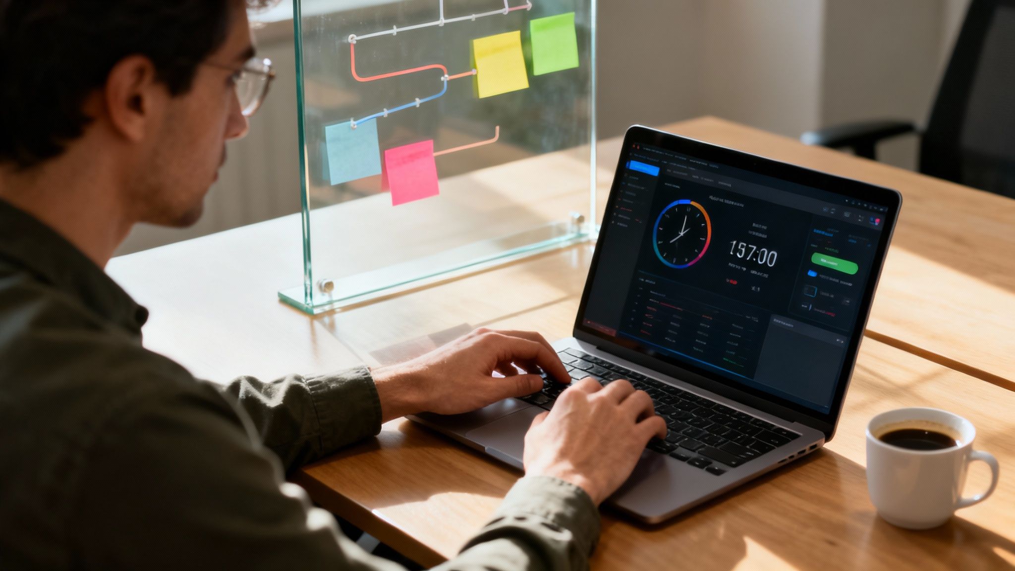 Homme travaillant sur un ordinateur portable, écran affichant un tableau de bord de productivité, avec tableau de verre et café.