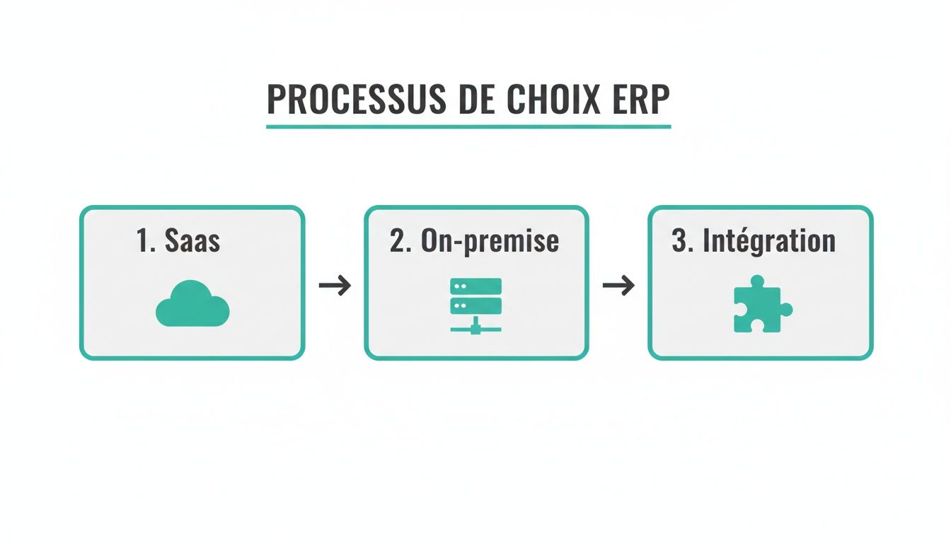 Schéma illustrant les trois étapes du processus de choix d'un ERP : SaaS, on-premise et intégration.