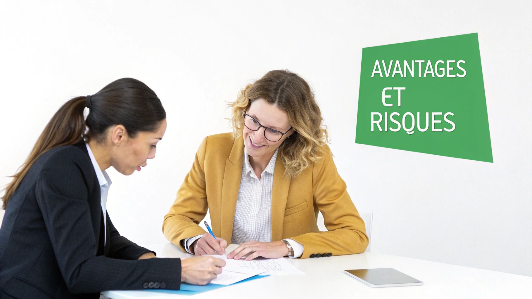 Deux femmes d'affaires examinent attentivement des documents, l'une souriant et écrivant, l'autre observant, devant un panneau "Avantages et Risques".