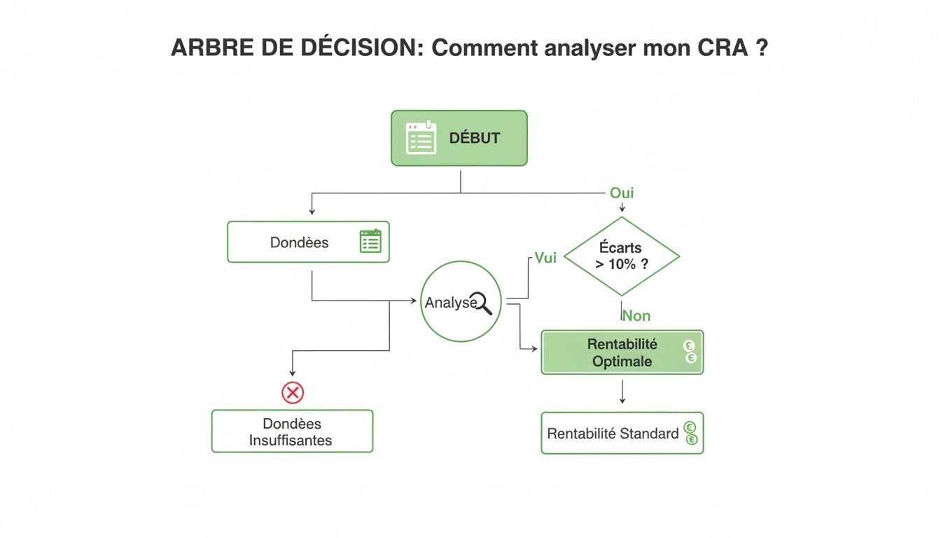 Diagramme d'arbre de décision expliquant comment analyser un Compte Rendu d'Activité (CRA).