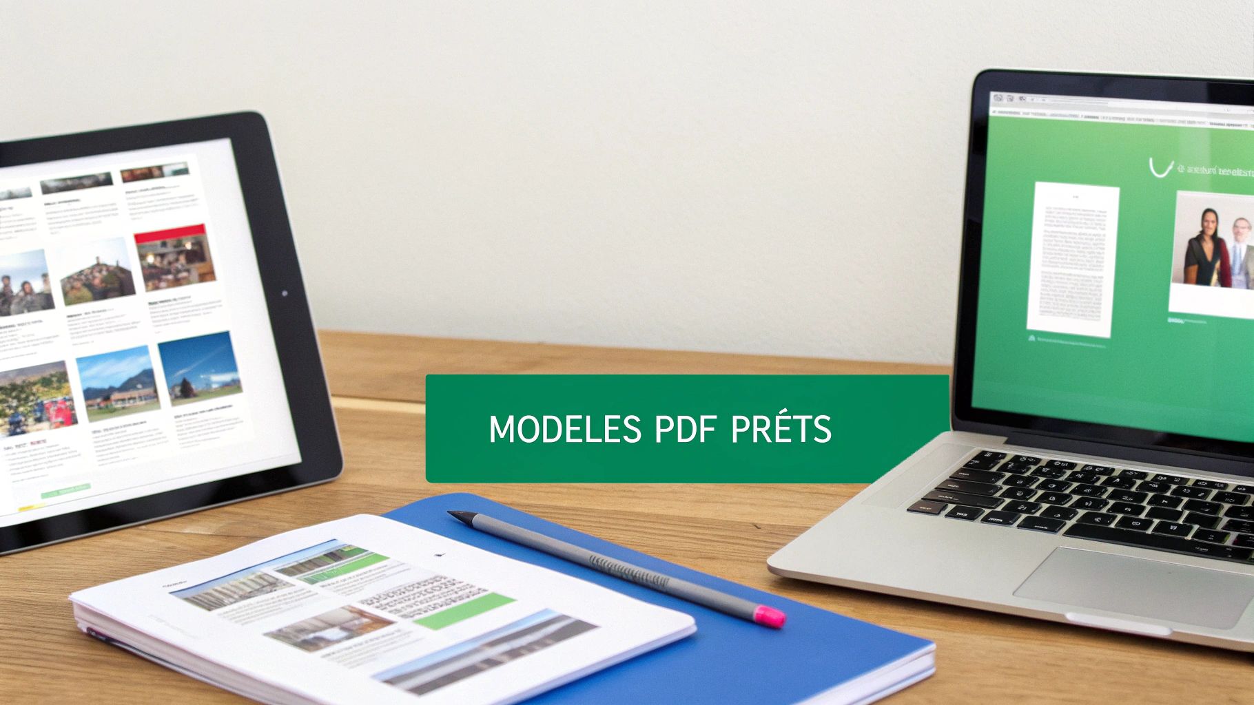 Une tablette, un ordinateur portable et des documents sur un bureau, avec un bandeau "MODÈLES PDF PRÊTS".