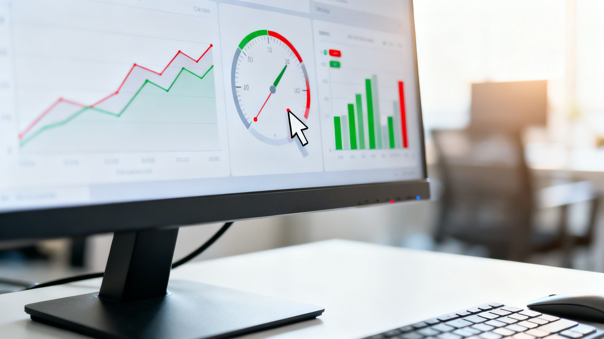 Écran d'ordinateur affichant des tableaux de bord financiers avec graphiques, jauges et barres, dans un bureau moderne.