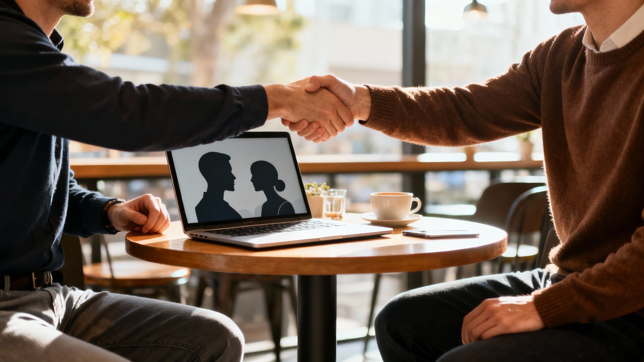 Deux hommes se serrent la main devant un ordinateur portable affichant des silhouettes, symbolisant un accord professionnel dans un café.