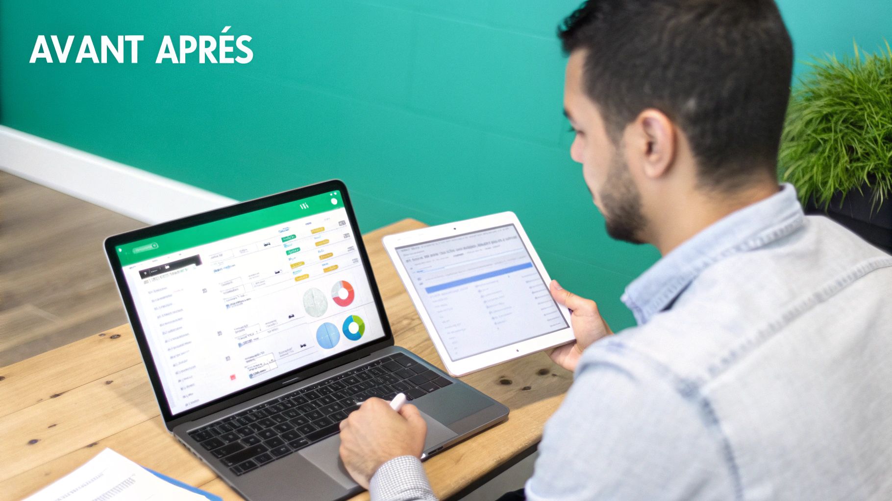 Un homme travaille sur un ordinateur portable et une tablette affichant des tableaux de bord de logiciel de gestion avec des graphiques.