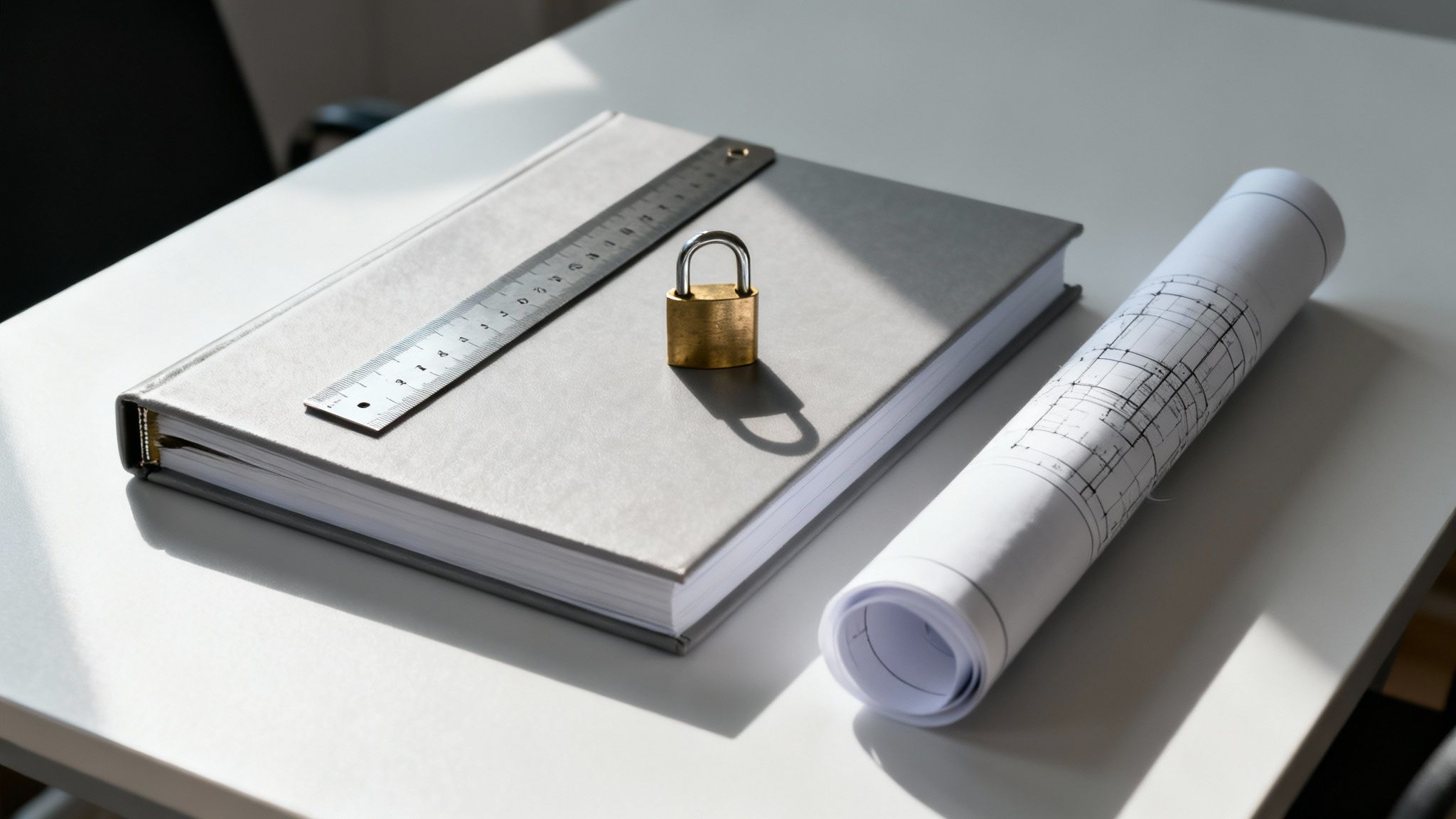 Sur un bureau blanc, un livre gris avec une règle, un cadenas en laiton et un plan architectural roulé.