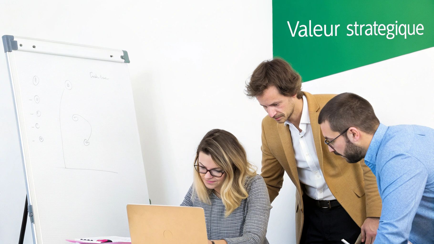 Trois collègues concentrés regardant un ordinateur portable et un tableau blanc, avec le texte "Valeur stratégique" en arrière-plan.