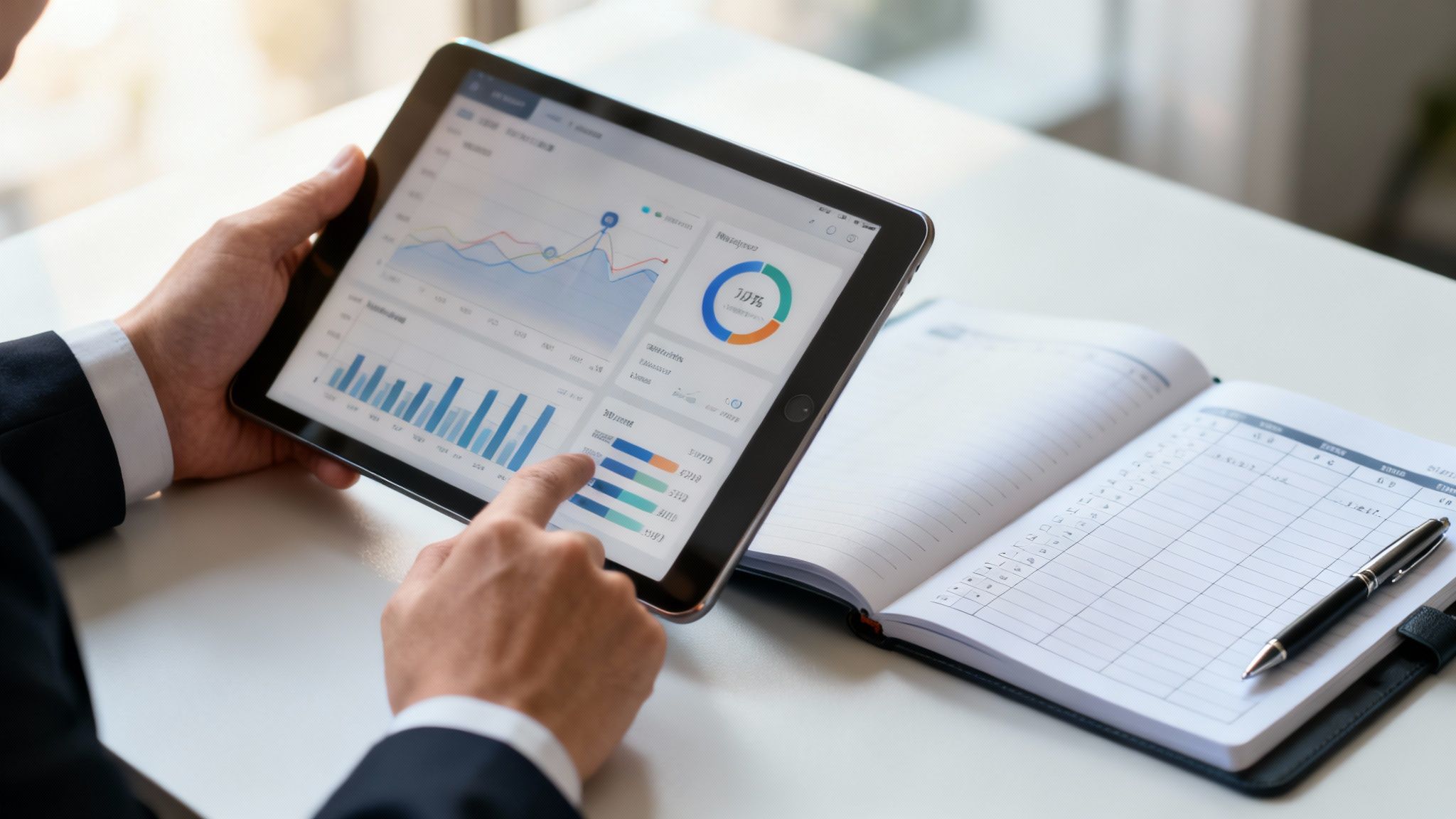 Un homme d'affaires consulte des données financières sur une tablette numérique, près d'un carnet et d'un stylo.