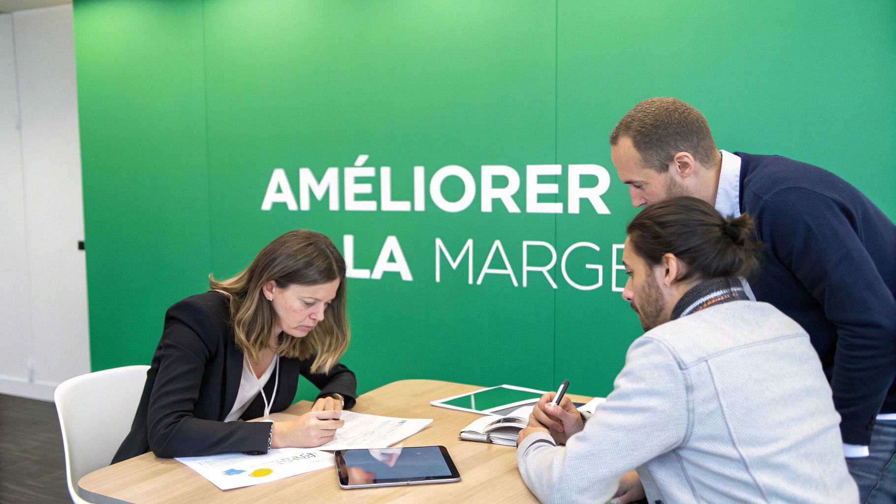 Trois personnes collaborent autour d'une table dans un bureau moderne pour améliorer la marge.