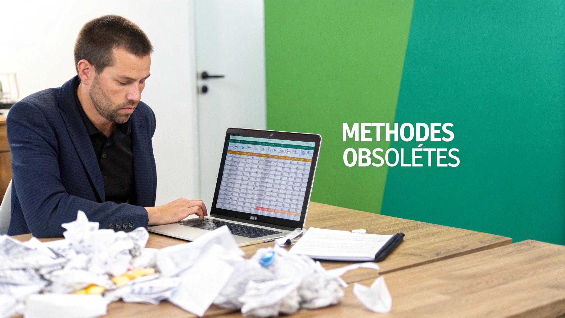 Un homme frustré travaille sur un ordinateur portable, entouré de papiers froissés, avec le texte "Méthodes Obsolètes" en arrière-plan.