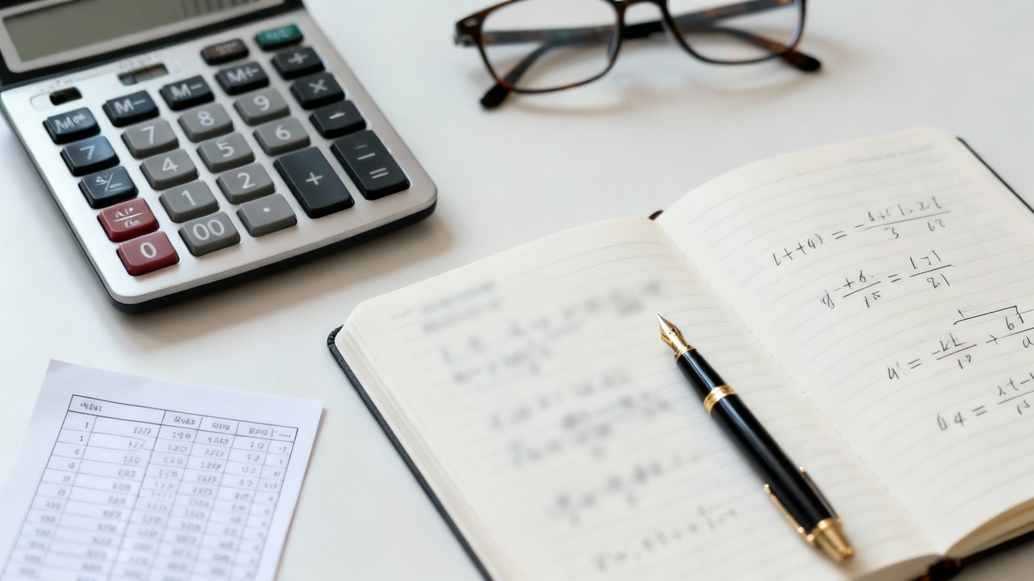 Calculatrice, carnet avec équations manuscrites, stylo-plume et lunettes sur un bureau blanc.