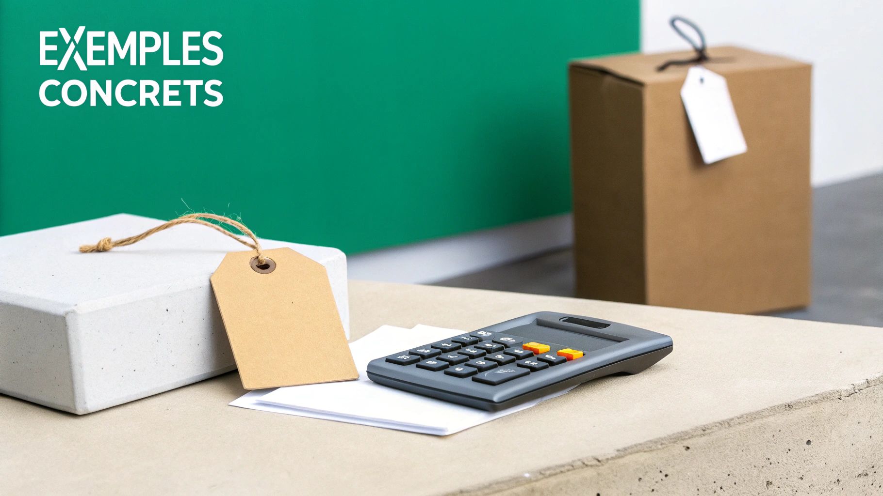 Exemples concrets de calculs : une calculatrice, des blocs de béton et des boîtes avec étiquettes sur fond vert.