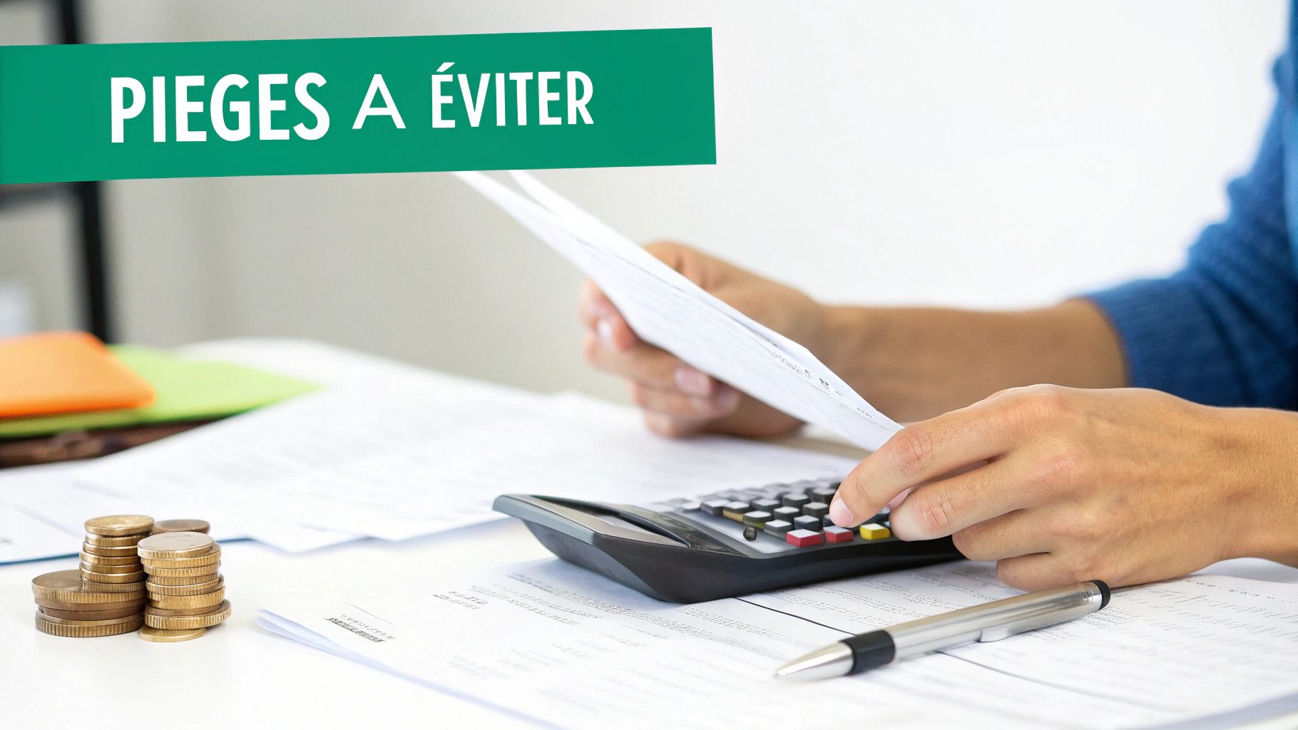 Gros plan sur des mains calculant des finances avec une calculatrice, des documents, des pièces et une bannière indiquant 'PIEGES A ÉVITER'.