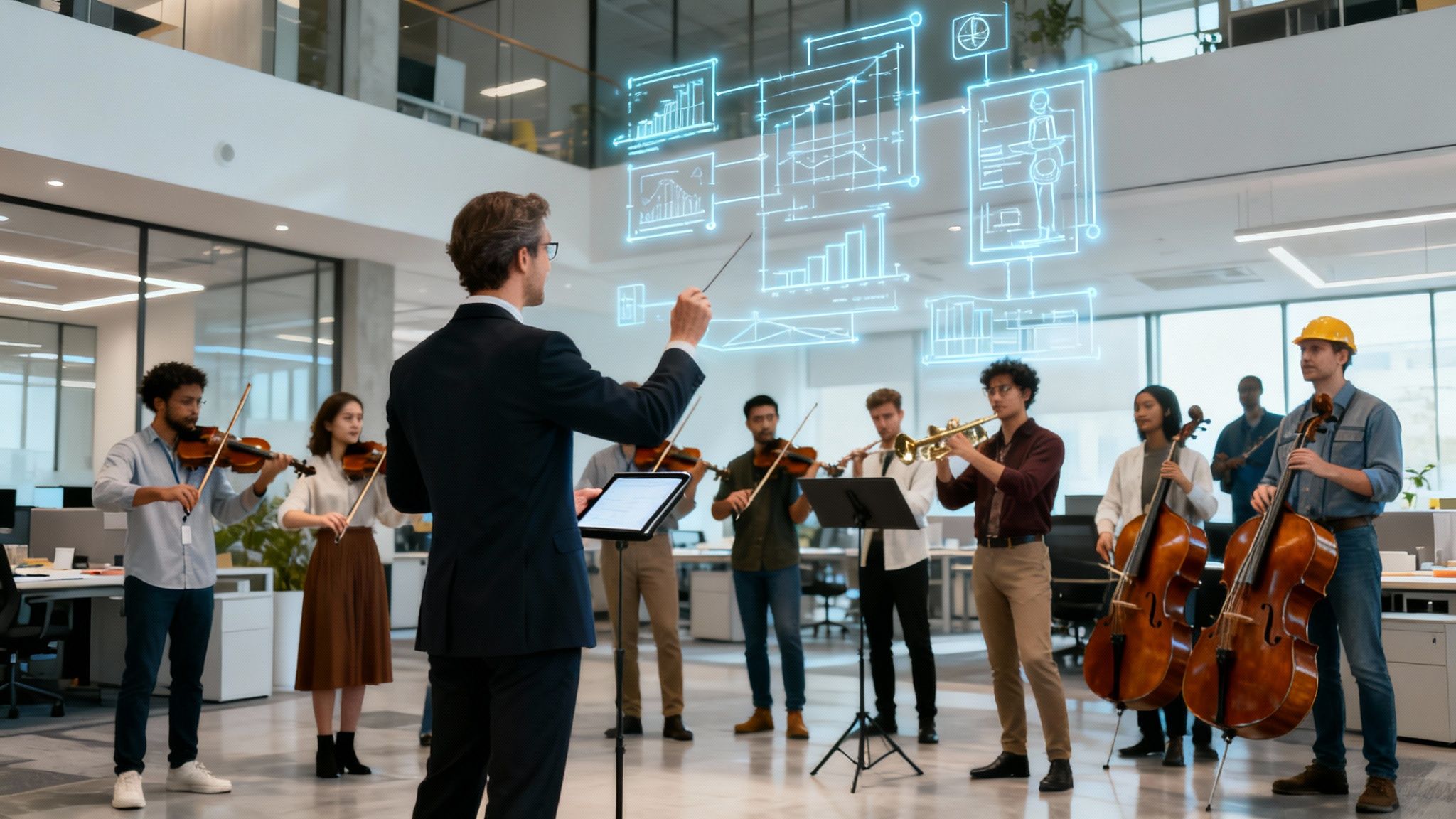 Un chef d'orchestre dirige un ensemble musical diversifié dans un bureau moderne avec des affichages de données numériques flottantes.