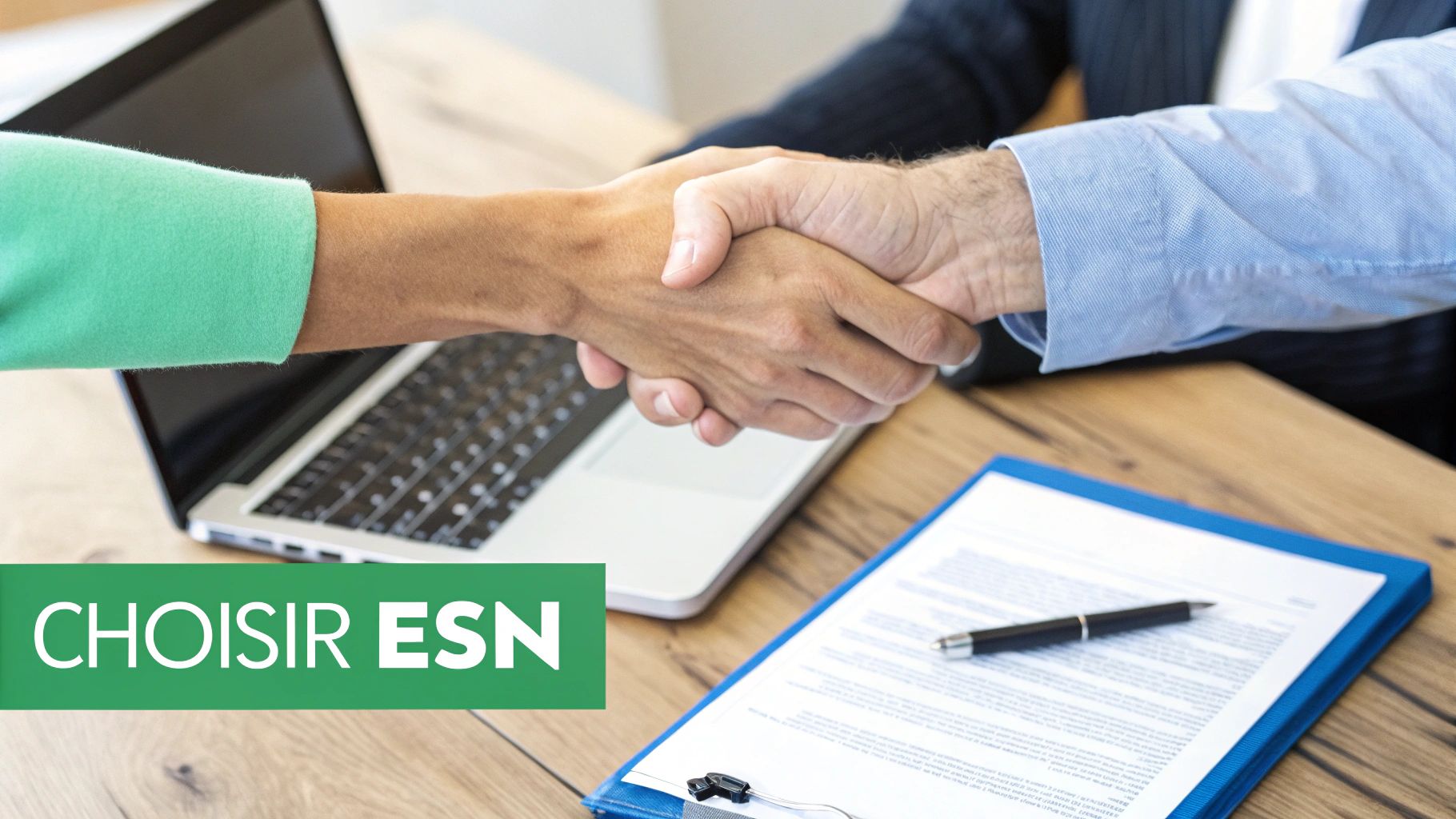 Deux personnes se serrent la main lors d'une rencontre d'affaires. Un ordinateur portable et des documents sont sur la table. Bannière : CHOISIR ESN.