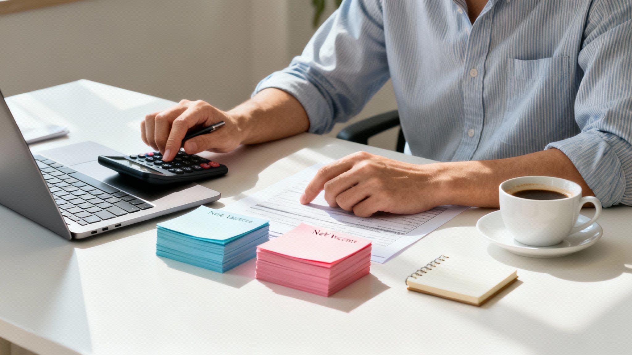 Un homme utilise une calculatrice et un ordinateur portable, avec des documents et des notes autocollantes sur son bureau, pour des calculs financiers.