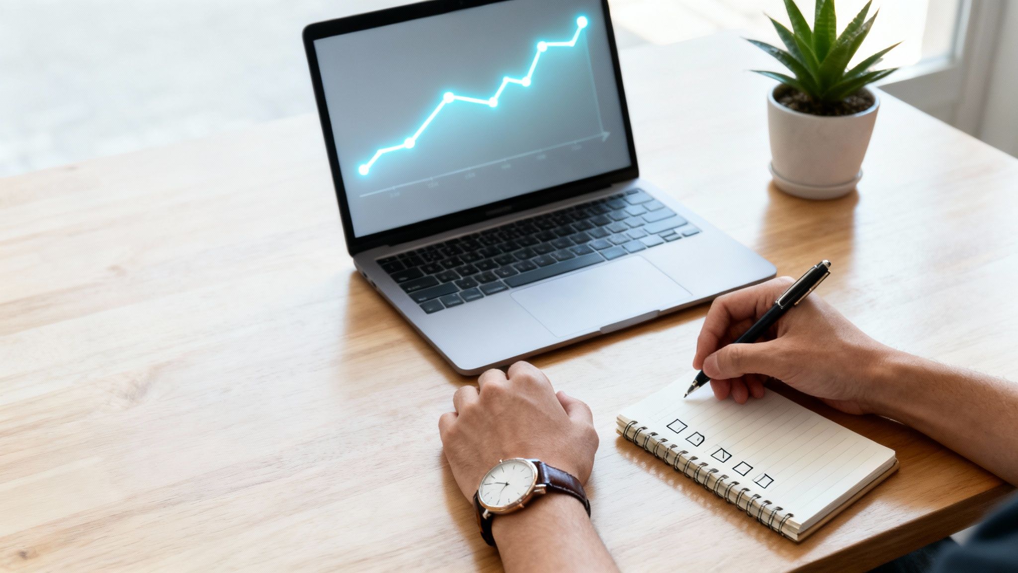 Personne prenant des notes, son ordinateur portable affiche un graphique de croissance financière, illustrant la planification stratégique.