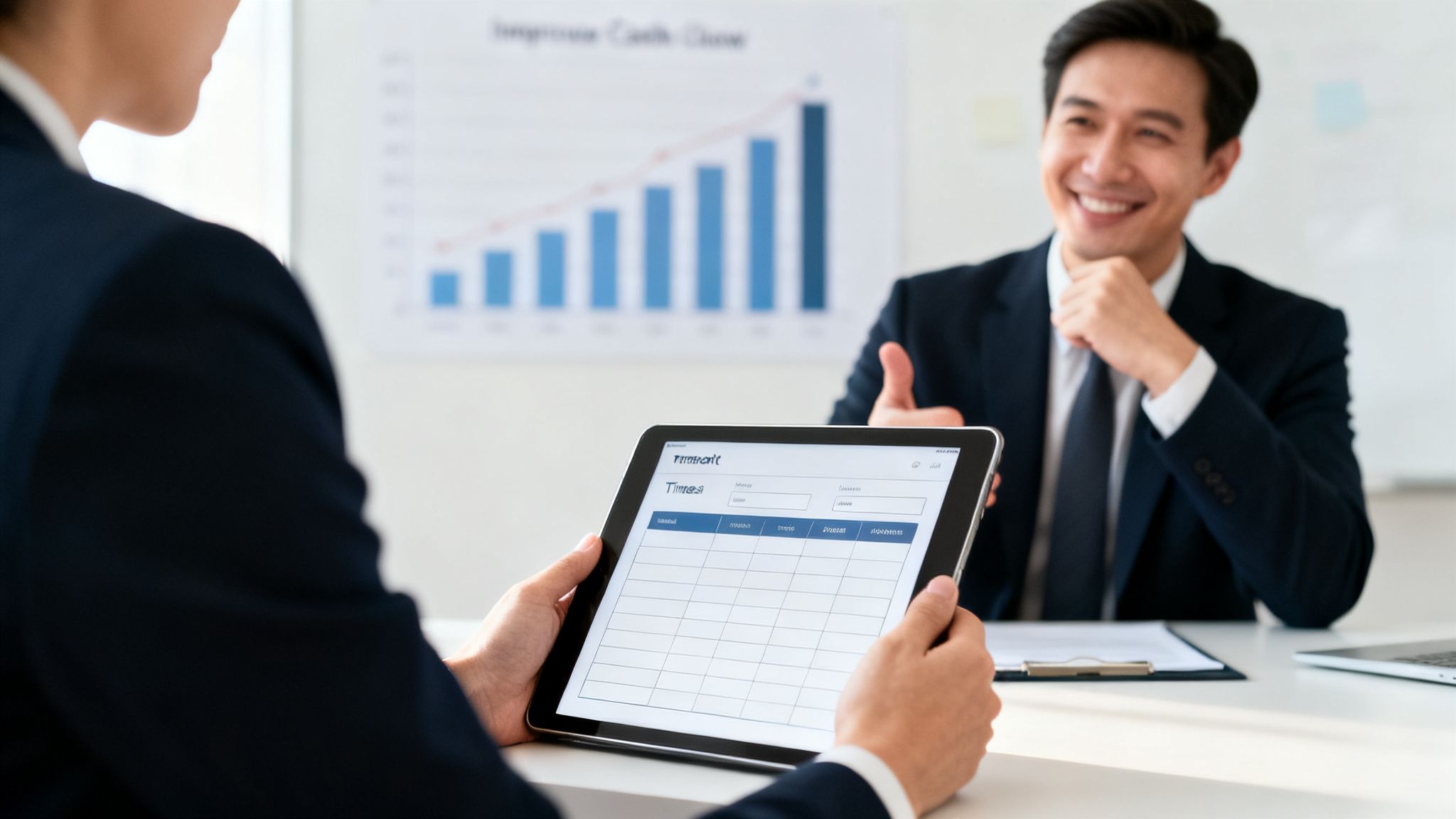 Deux hommes d'affaires interagissent, l'un tenant une tablette affichant un logiciel de saisie de temps, l'autre souriant.
