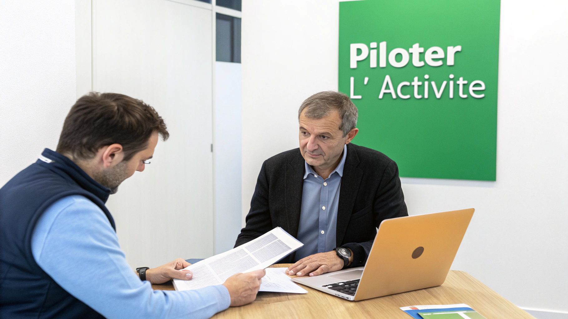 Deux hommes discutent autour d'un bureau avec des documents et un ordinateur portable, un panneau vert en arrière-plan.