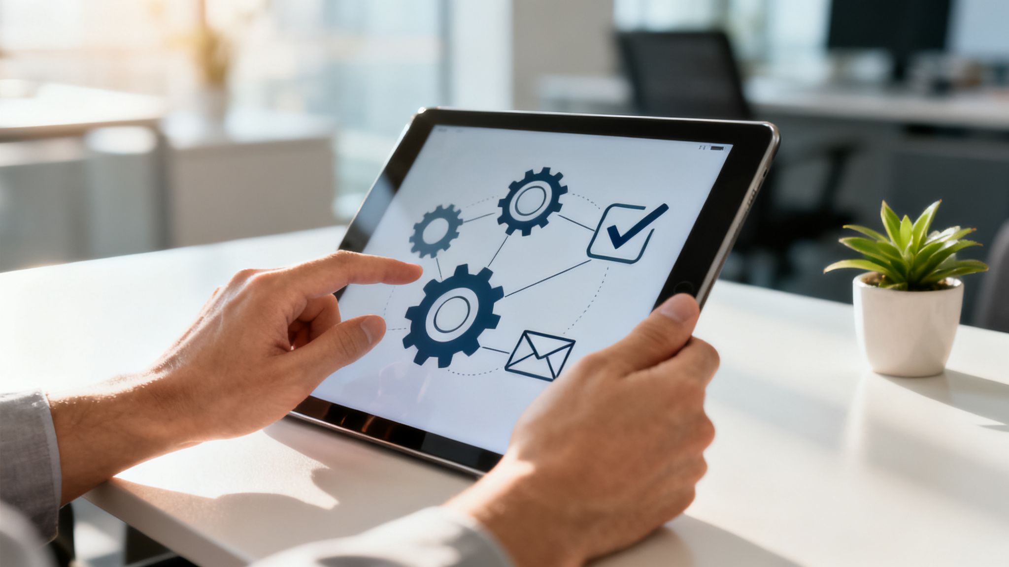 Des mains tiennent une tablette affichant un diagramme d'engrenages et de symboles de processus en bureau.