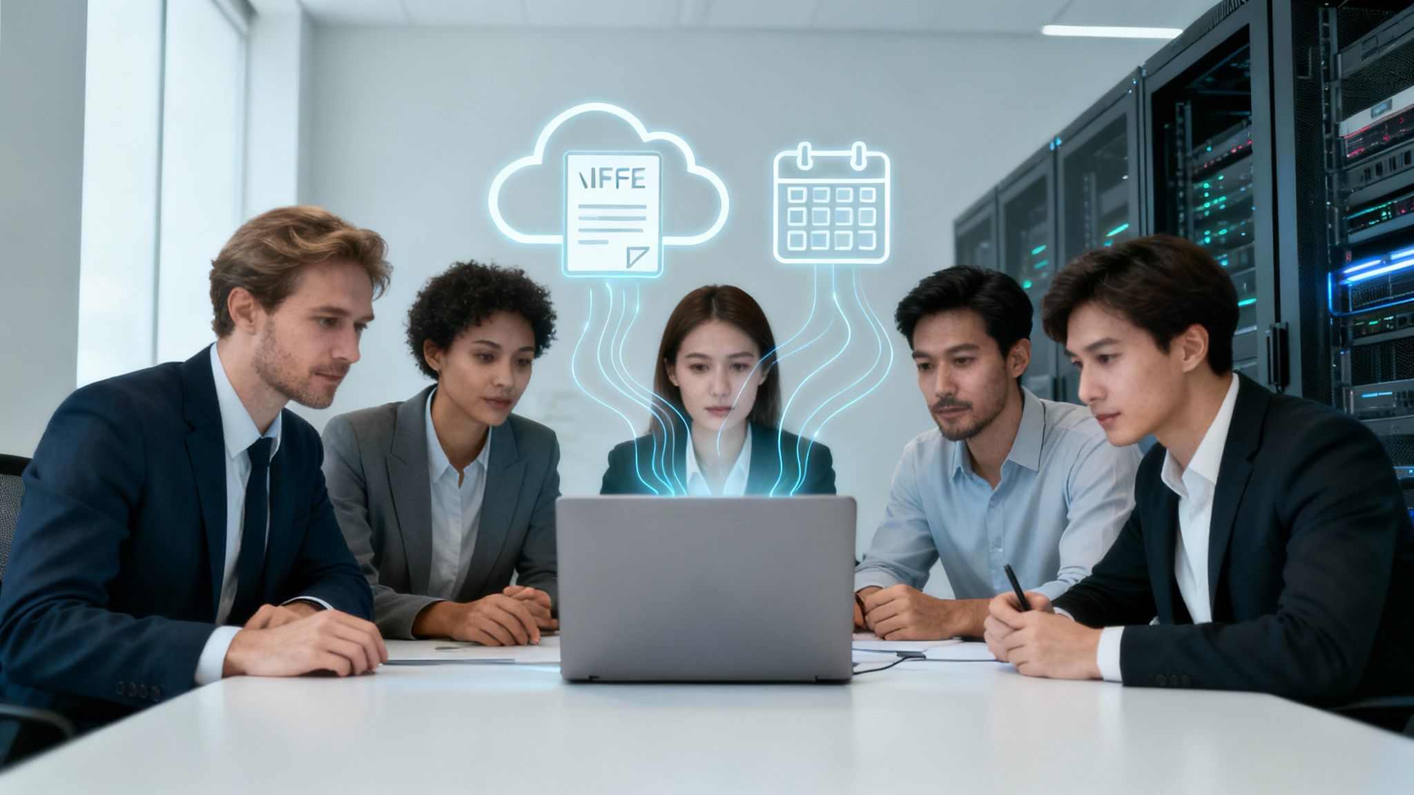 Cinq professionnels collaborent autour d'un ordinateur portable, gérant des documents et plannings via le cloud dans une salle de serveurs.