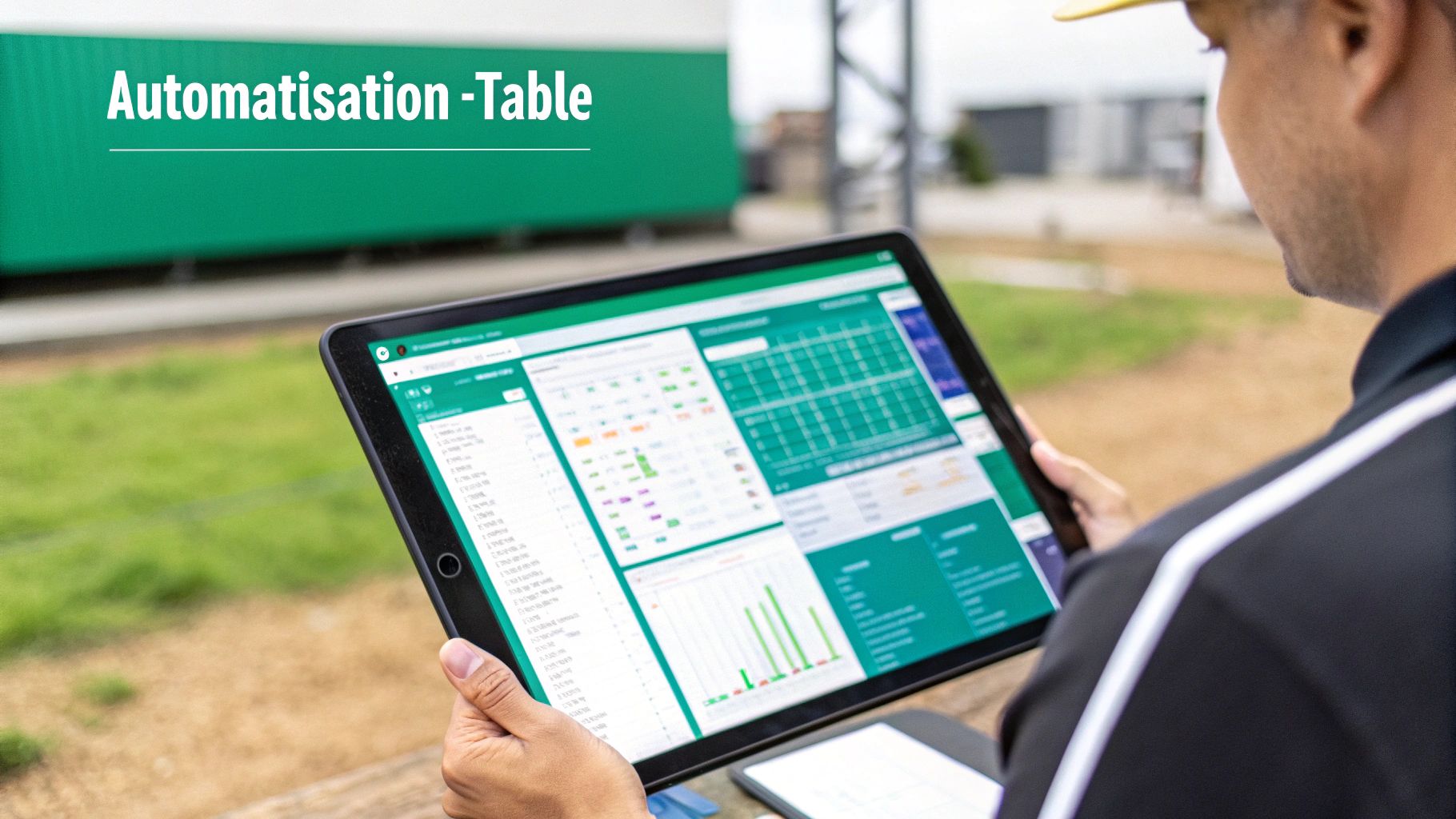 Un homme examine un tableau de bord d'automatisation sur une tablette numérique en extérieur.