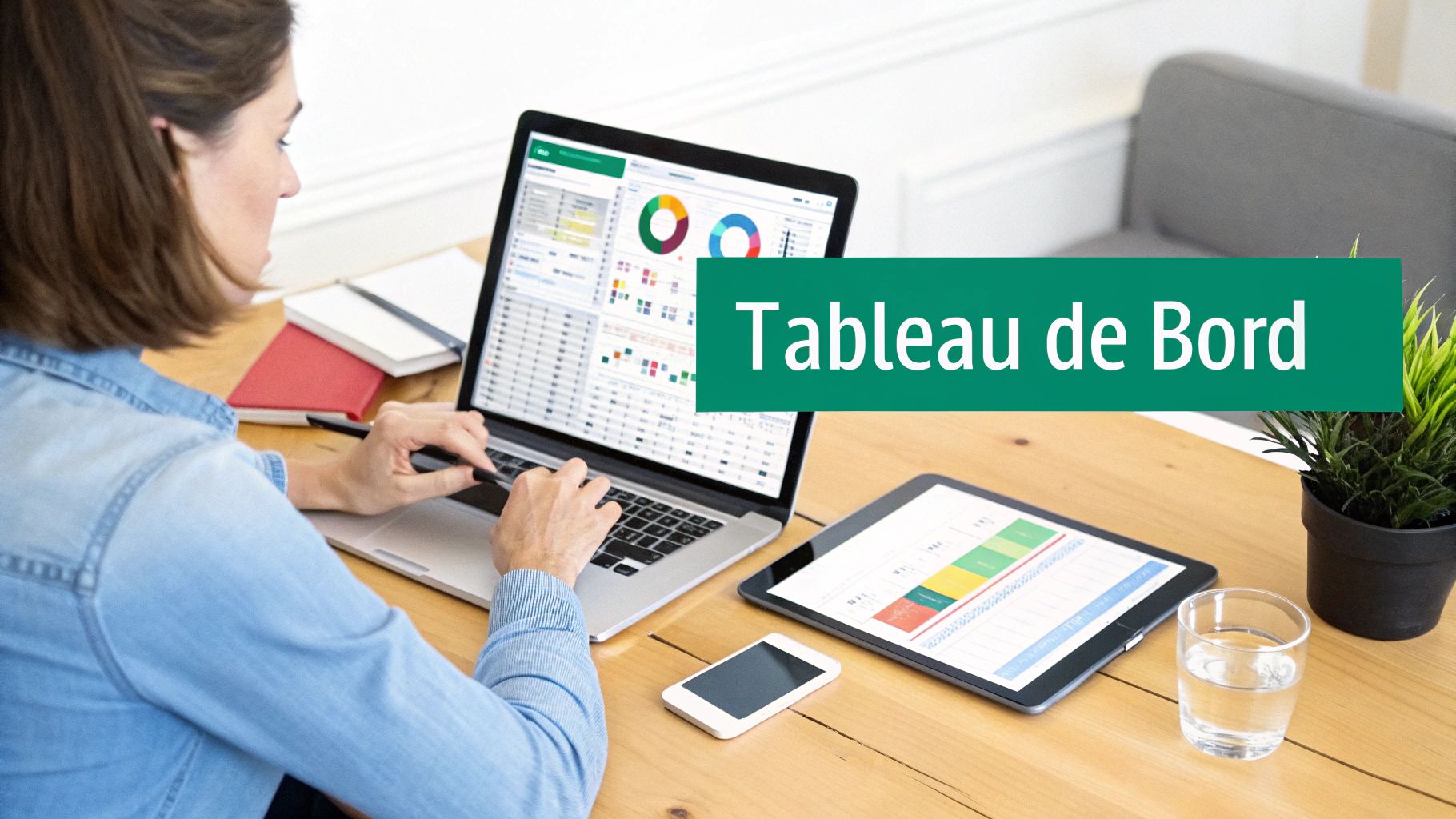 Femme travaillant sur un ordinateur portable affichant un tableau de bord avec graphiques, et une tablette sur un bureau en bois.