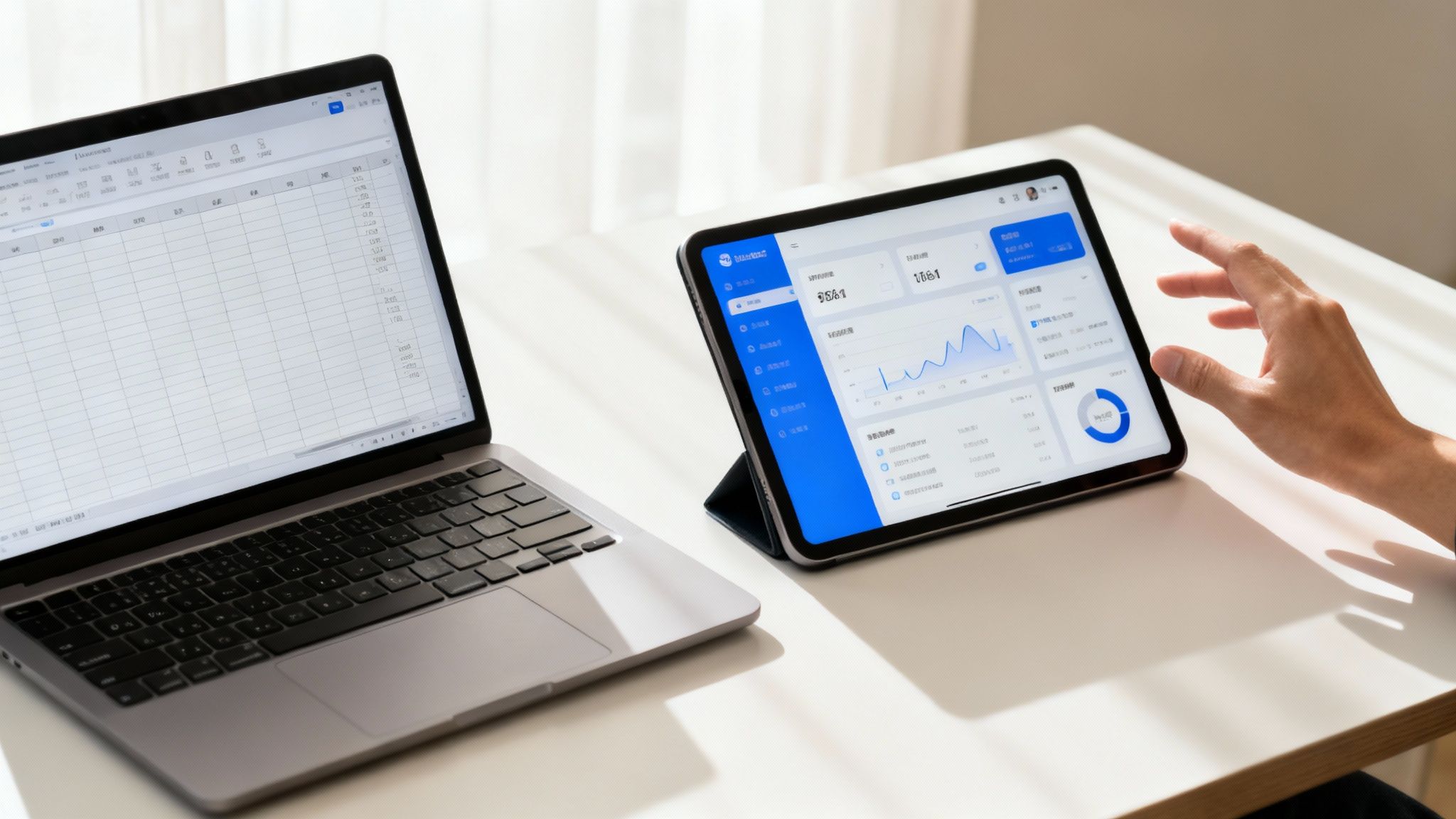 Un ordinateur portable affichant un tableau Excel et une tablette avec un tableau de bord de données sur un bureau.