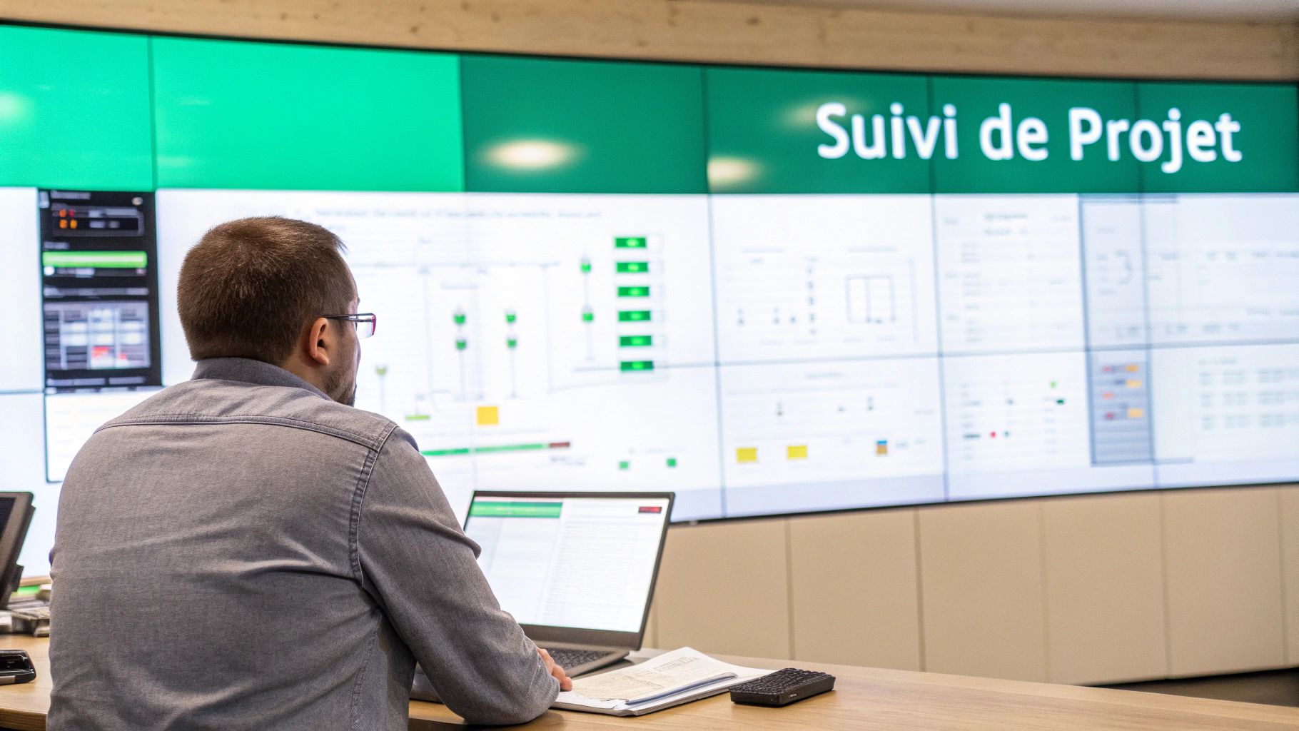Un homme travaillant sur un ordinateur face à un grand mur d'écrans affichant un suivi de projet.