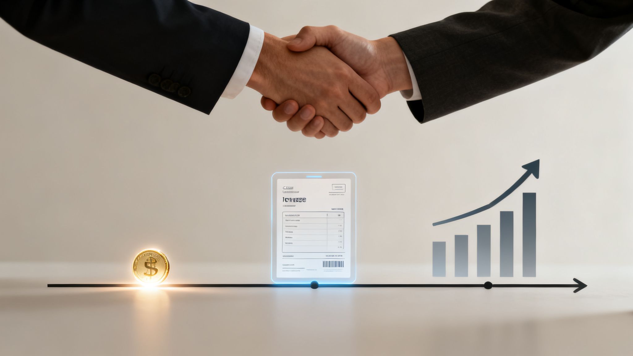 Poignée de main d'affaires, pièce d'or, facture numérique et graphique de croissance, symbolisant le succès financier et la gestion d'entreprise.