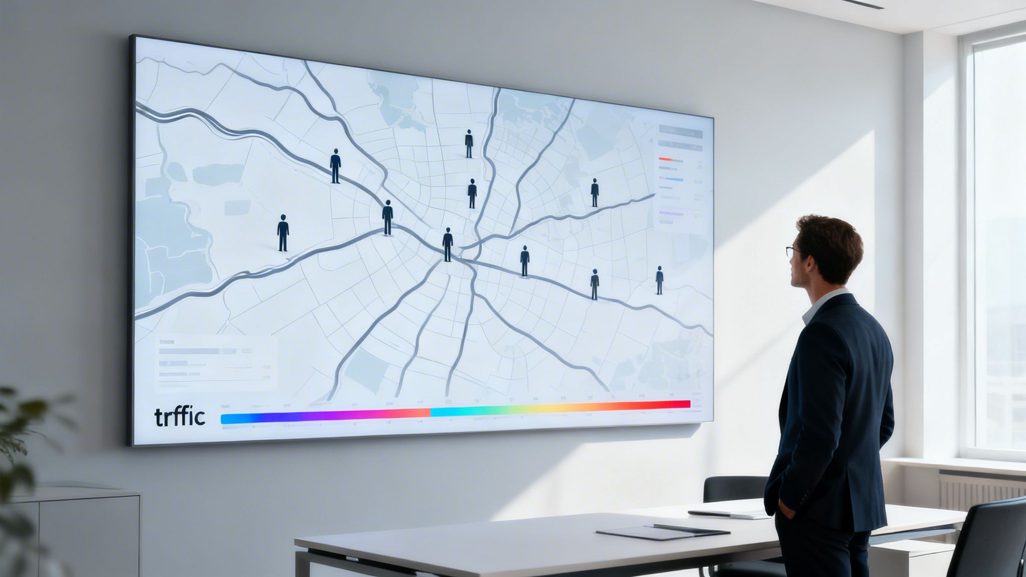 Un homme en costume observe un grand écran mural affichant une carte avec des données de localisation et de trafic.