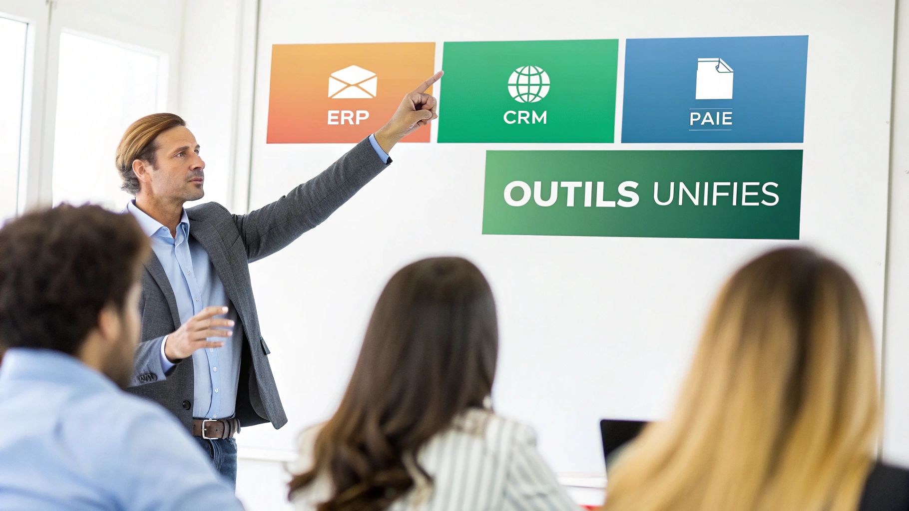 Un homme présente des outils de gestion intégrés (ERP, CRM, Paie) à un public, soulignant l'unification des systèmes.