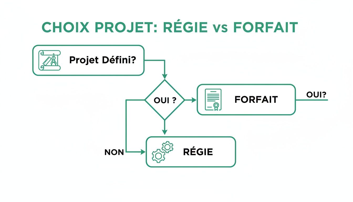 Organigramme explicatif du choix entre un projet en régie ou au forfait, basé sur la définition du projet.