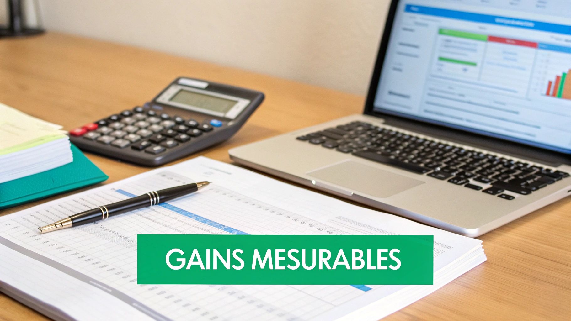 Bureau avec ordinateur portable affichant des graphiques, calculatrice, stylo sur document et pile de papiers. Le texte "GAINS MESURABLES" est superposé.