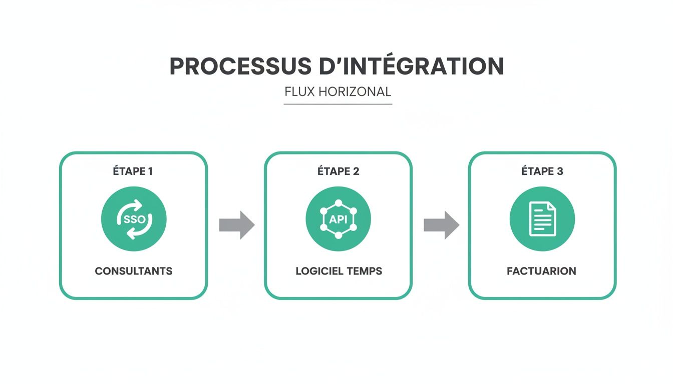 Diagramme du processus d'intégration horizontal: consultants (SSO), logiciel de temps (API), puis facturation.