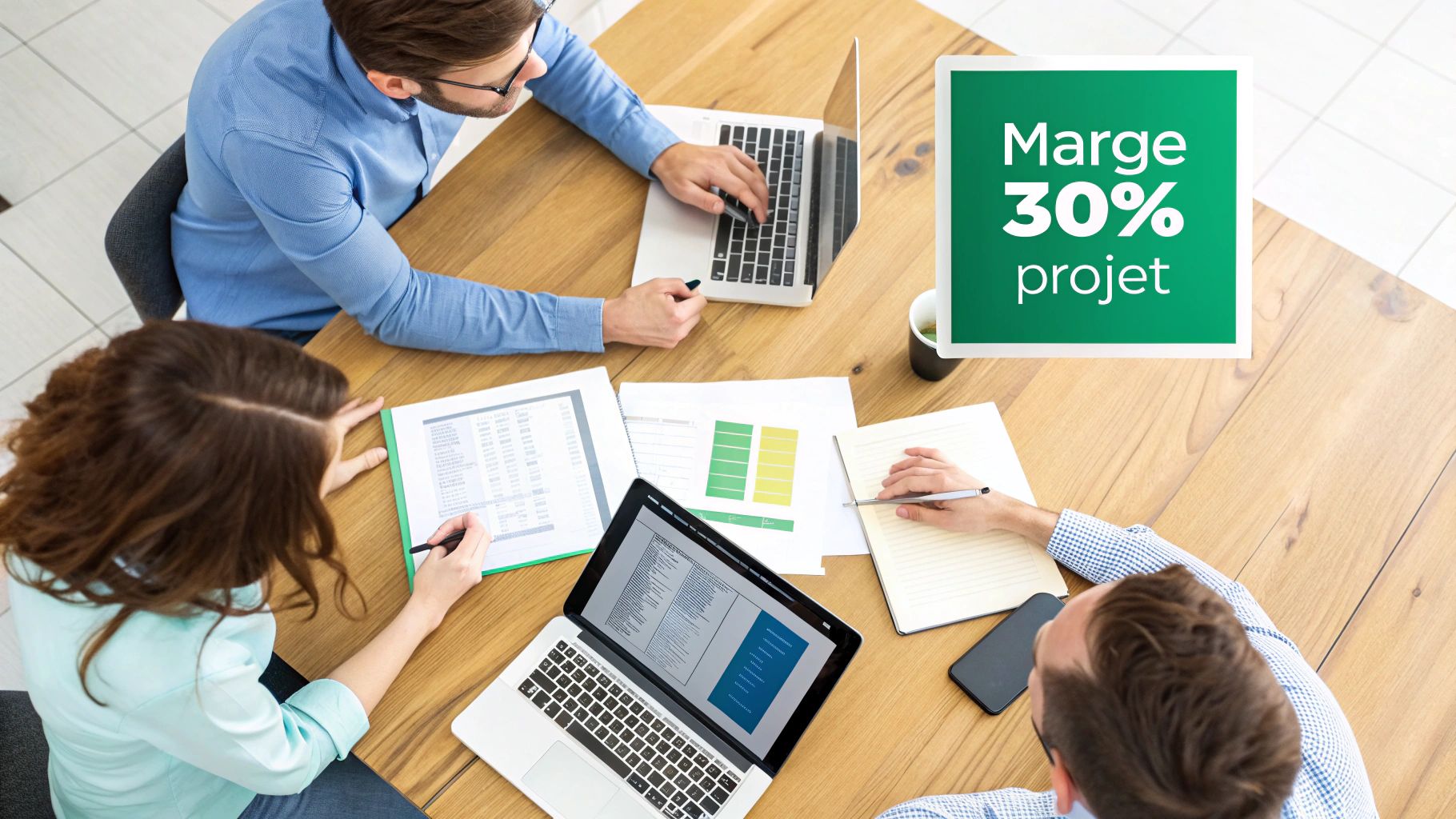 Trois personnes travaillent sur une table en bois avec ordinateurs portables, documents et un panneau vert affichant « Marge 30% projet ».